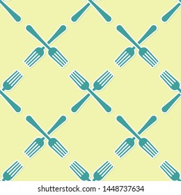 Green Crossed fork icon isolated seamless pattern on yellow background. Cutlery symbol.  Vector Illustration