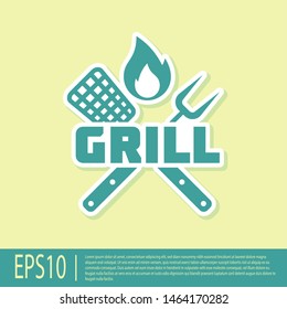 Green Crossed fork and spatula icon isolated on yellow background. Fire flame sign. BBQ fork and spatula sign. Barbecue and grill tools. Vector Illustration Green Crossed fork and spatula icon isolated on yellow background. Fire flame sign. BBQ fork and spatula sign. Barbecue and grill tools. Vector Illustration