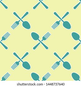 Green Crossed fork and spoon icon isolated seamless pattern on yellow background. Cooking utensil. Cutlery sign.  Vector Illustration
