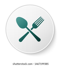 Green Crossed fork and spoon icon isolated on white background. Cooking utensil. Cutlery sign. White circle button. Vector Illustration