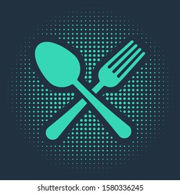 Green Crossed fork and spoon icon isolated on blue background. Cooking utensil. Cutlery sign. Abstract circle random dots. Vector Illustration