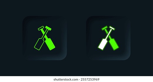 Green Crossed oars or paddles boat icon isolated on black background. Black square button. Vector