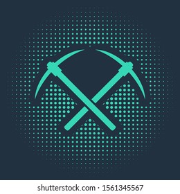 Green Crossed pickaxe icon isolated on blue background. Blockchain technology, cryptocurrency mining, bitcoin, altcoins, digital money market. Abstract circle random dots. Vector Illustration