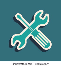 Green Crossed screwdriver and wrench tools icon isolated on blue background. Service tool symbol. Long shadow style. Vector Illustration