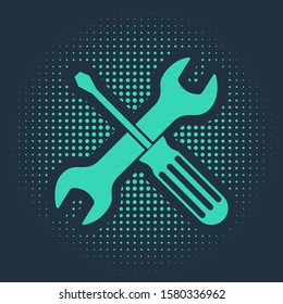 Green Crossed screwdriver and wrench tools icon isolated on blue background. Service tool symbol. Abstract circle random dots. Vector Illustration