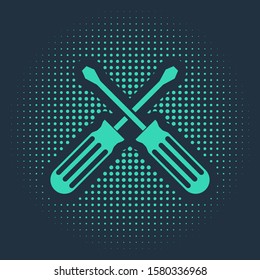 Green Crossed screwdrivers icon isolated on blue background. Service tool symbol. Abstract circle random dots. Vector Illustration