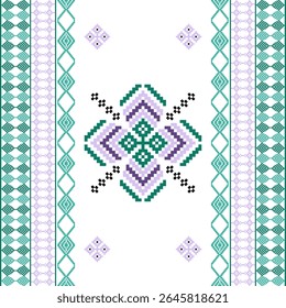 Elementos de design de bordados de ponto de cruz verde em estilo étnico. Padrão contínuo. Bordado tradicional ucraniano. Estilo Boho. Pixel art. Vyshyvanka, têxteis, bordas elaboradas, e papel de parede.