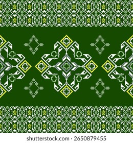 Ponto de cruz verde padrão étnico sem costura. Bordado ucraniano. Ornamento popular. Padrão de pixel. Ideias para papel de parede, bordas elaboradas, têxteis, envoltório e planos de fundo de páginas da Web.