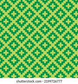 Green cross-stitch knitting pattern on light green background. Green square dots on light green backdrop. Monochrome color theme fabric pattern design for sale. Knitting handicraft art.