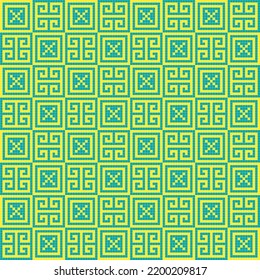 Patrón de tejido de punto cruzado verde sobre fondo azul. Los puntos cuadrados verdes sobre el fondo azul. Diseño de patrones de tela coloreada para la venta. Tejiendo arte artesanal.