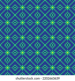 Green cross-stitch knitting pattern on blue background. Green square dots on blue backdrop. Monochrome fabric pattern design for sale. Knitting handicraft art.