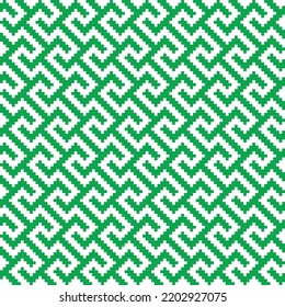 Green cross-stitch knitting pattern on white background. Green square dots on white backdrop. Monochrome fabric pattern design for sale. Knitting handicraft art.