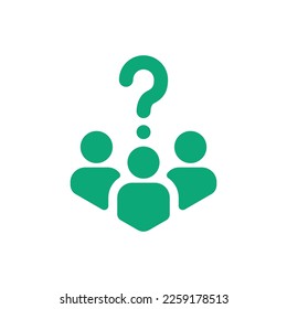 green crowd of people with big question mark icon. concept of query human resources information and support or inspection. flat trend brainstorming logotype graphic design element isolated on white