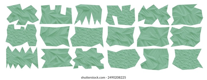 Pieza de papel arrugada verde con borde roto. Fondo de rasgar y rasgar, forma de recorte. Chatarra, artesanía, marco en diseño de Vector. Juego de tarjetas o álbumes de recortes, gráfico de cartón. Material de envoltura textura de collage