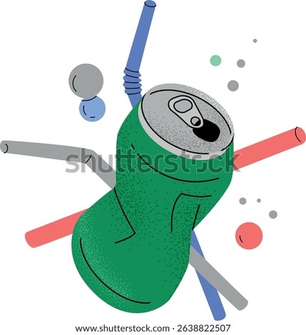 Green crumpled soda can with bubbles and straws. Soft or energy drink aesthetic. T-shirt vector composition. Vector illustration isolated on transparent background.