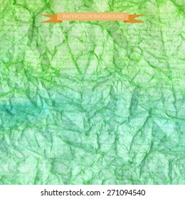 Green crumpled watercolor background. Vector.