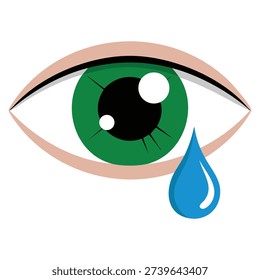 Green crying eye icon in flat design style with long shadow suitable for emotional concept sadness awareness empathy and psychological themed graphics