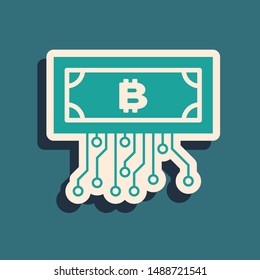 Green Cryptocurrency bitcoin in circle with microchip circuit icon isolated on blue background. Blockchain technology, digital money market. Long shadow style. Vector Illustration