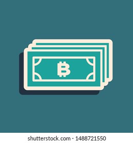 Green Cryptocurrency bitcoin in circle with microchip circuit icon isolated on blue background. Blockchain technology, digital money market. Long shadow style. Vector Illustration