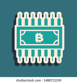 Green Cryptocurrency bitcoin in circle with microchip circuit icon isolated on blue background. Blockchain technology, digital money market. Long shadow style. Vector Illustration