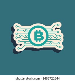 Green Cryptocurrency bitcoin in circle with microchip circuit icon isolated on blue background. Blockchain technology, digital money market. Long shadow style. Vector Illustration