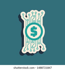 Green Cryptocurrency bitcoin in circle with microchip circuit icon isolated on blue background. Blockchain technology, digital money market. Long shadow style. Vector Illustration