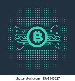 Green Cryptocurrency bitcoin in circle with microchip circuit icon isolated on blue background. Blockchain technology, digital money market. Abstract circle random dots. Vector Illustration
