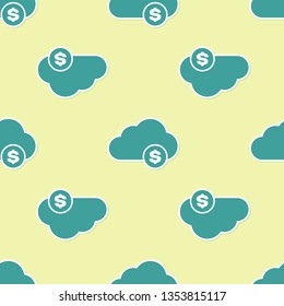 Green Cryptocurrency cloud mining icon isolated seamless pattern on yellow background.   Flat design. Vector Illustration