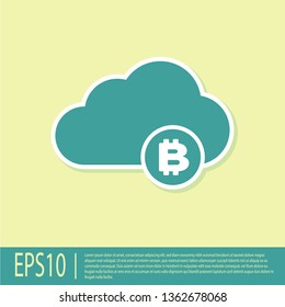 Green Cryptocurrency cloud mining icon isolated on yellow background. Blockchain technology, bitcoin, digital money market, cryptocoin wallet. Flat design. Vector Illustration