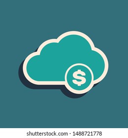 Green Cryptocurrency cloud mining icon isolated on blue background. Blockchain technology, bitcoin, digital money market, cryptocoin wallet. Long shadow style. Vector Illustration