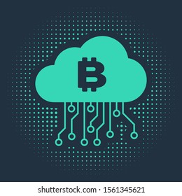 Green Cryptocurrency cloud mining icon isolated on blue background. Blockchain technology, bitcoin, digital money market, cryptocoin wallet. Abstract circle random dots. Vector Illustration