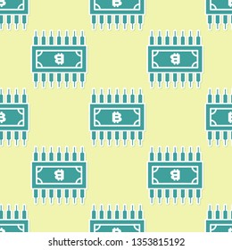 Green Cryptocurrency concept bitcoin in circle with microchip circuit icon isolated seamless pattern on yellow background. Blockchain technology, digital money market. Flat design. Vector Illustration