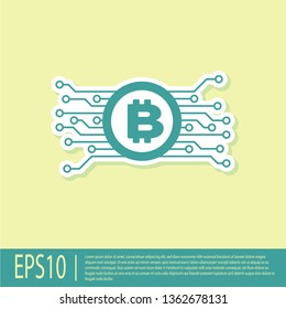 Green Cryptocurrency concept bitcoin in circle with microchip circuit icon isolated on yellow background. Blockchain technology, digital money market. Flat design. Vector Illustration