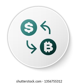 Green Cryptocurrency exchange icon isolated on white background. Bitcoin to dollar exchange icon. Cryptocurrency technology, mobile banking. White circle button. Vector Illustration