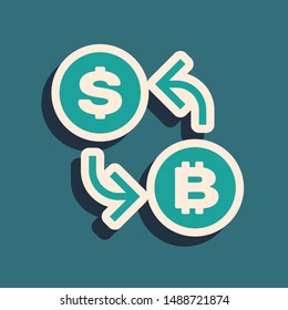 Green Cryptocurrency exchange icon isolated on blue background. Bitcoin to dollar exchange icon. Cryptocurrency technology, mobile banking. Long shadow style. Vector Illustration
