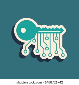 Green Cryptocurrency key icon isolated on blue background. Concept of cyber security or private key, digital key with technology interface. Long shadow style. Vector Illustration