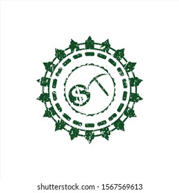 Green cryptocurrency mining icon inside distressed rubber grunge stamp
