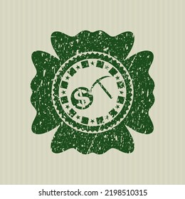 Green cryptocurrency mining icon inside rubber seal. 
