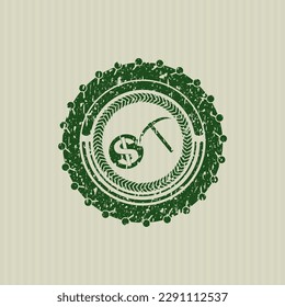 Green cryptocurrency mining icon inside distress rubber grunge texture stamp. 
