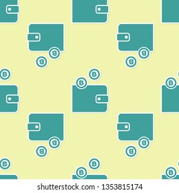 Green Cryptocurrency wallet icon isolated seamless pattern on yellow background. Wallet and bitcoin sign. Mining concept. Flat design. Vector Illustration