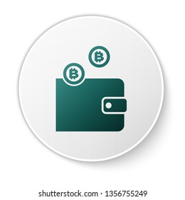 Green Cryptocurrency wallet icon isolated on white background. Wallet and bitcoin sign. Mining concept. Money, payment, cash, pay icon. White circle button. Vector Illustration