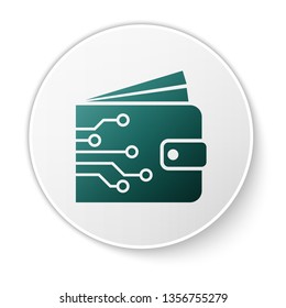 Green Cryptocurrency wallet icon isolated on white background. Wallet and bitcoin sign. Mining concept. Money, payment, cash, pay icon. White circle button. Vector Illustration