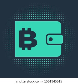 Green Cryptocurrency wallet icon isolated on blue background. Wallet and bitcoin sign. Mining concept. Money, payment, cash, pay icon. Abstract circle random dots. Vector Illustration