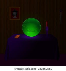 Green crystal ball on a table in dark mystery room.
EPS-10 vector illustration.