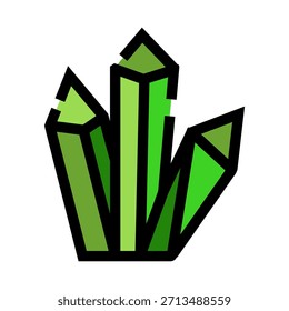 Green crystal cluster icon with bold black outlines, colorful emerald gemstone illustration for web and app ui, education, geology, games, and decorative design elements