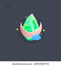 Icono Del Juego Esotérico De La Magia De La Gema De Cristal Verde Con Las Estrellas De La Luna Y Las Nubes Diseño Aislado Del Vector