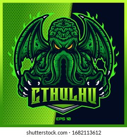 Green Cthulhu grab text esport and sport mascot logo design in modern illustration concept for team badge, emblem and thirst printing. Mad Cthulhu illustration on Green Background. Vector illustration