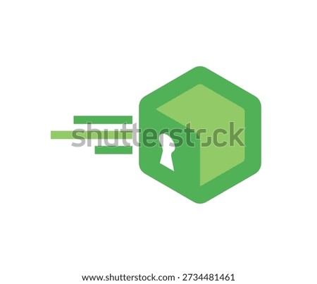 A green cube with a keyhole and speed lines, symbolizing fast and secure delivery or data transfer.
