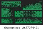 Green cube pixel pattern textures with matrix dispersion, digital decay and data fragmentation for cyberpunk designs. Neon grid dissolution effects with scattered blocks. Terminal screen aesthetics