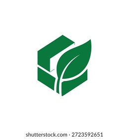 Forma de cubo verde con símbolo de hoja. Logotipo ecológico de blockchain ético. Tecnología sostenible y concepto de moneda digital. 